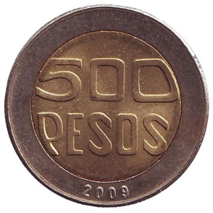 Монета 500 песо. 2009 год, Колумбия. Цветущее дерево гуакари. Монета 500 песо. 2009 год, Колумбия. Цветущее дерево гуакари.