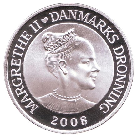 Монета 500 крон. 2008 год, Дания. Королевская яхта "Dannebrog". Монета 500 крон. 2008 год, Дания. Королевская яхта "Dannebrog".
