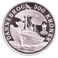 Монета 500 крон. 2008 год, Дания. Королевская яхта "Dannebrog". Монета 500 крон. 2008 год, Дания. Королевская яхта "Dannebrog".