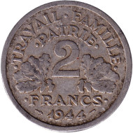 Монета 2 франка. 1944 год, Франция. Режим Виши. Travail Famille Patrie. (Без отметки монетного двора). Монета 2 франка. 1944 год, Франция. Режим Виши. Travail Famille Patrie. (Без отметки монетного двора).