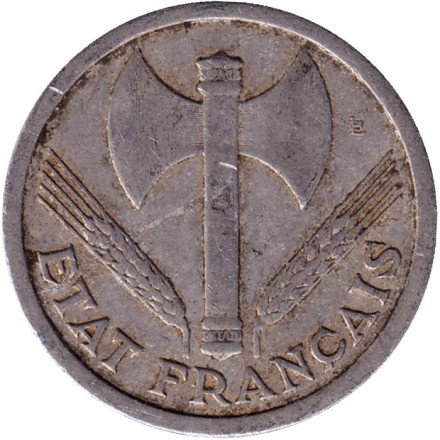 Монета 2 франка. 1944 год, Франция. Режим Виши. Travail Famille Patrie. (Без отметки монетного двора). Монета 2 франка. 1944 год, Франция. Режим Виши. Travail Famille Patrie. (Без отметки монетного двора).