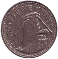 Монета 25 центов. 1987 год, Барбадос. Сахарная мельница Моргана Льюиса. Монета 25 центов. 1987 год, Барбадос. Сахарная мельница Моргана Льюиса.