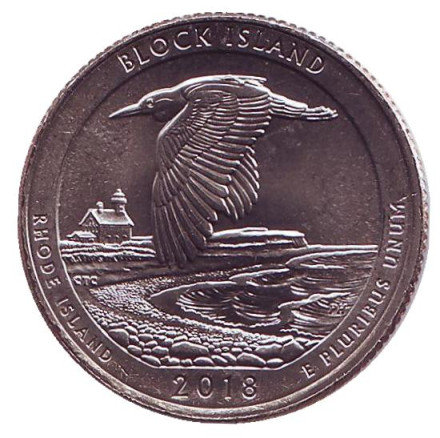 Монета 25 центов (P). 2018 год, США. Национальное убежище дикой природы острова Блок. Парк № 45.