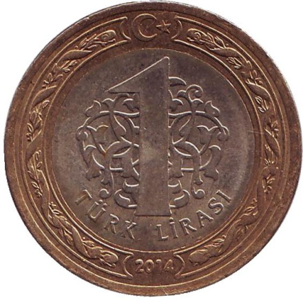 Монета 1 лира. 2014 год, Турция. Из обращения.