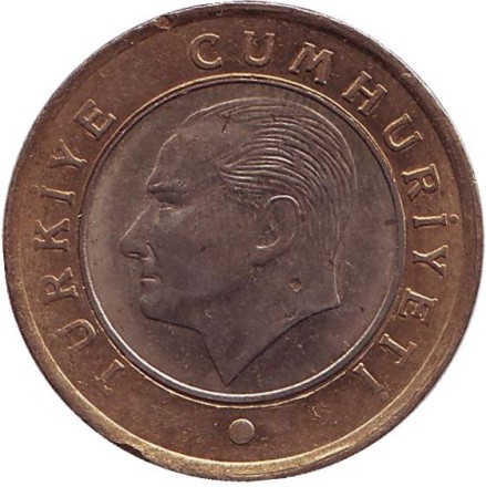 Монета 1 лира. 2014 год, Турция. Из обращения.