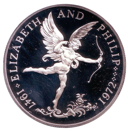 Монета 25 пенсов. 1972 год, Гернси. Серебро. Proof. 25 лет свадьбе Королевы Елизаветы II и Принца Филиппа.
