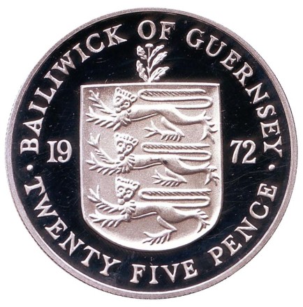 Монета 25 пенсов. 1972 год, Гернси. 25 лет свадьбе Королевы Елизаветы II и Принца Филиппа. Серебро.