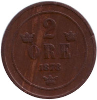 Монета 2 эре. 1878 год, Швеция. (маленькие буквы) Монета 2 эре. 1878 год, Швеция. (маленькие буквы)