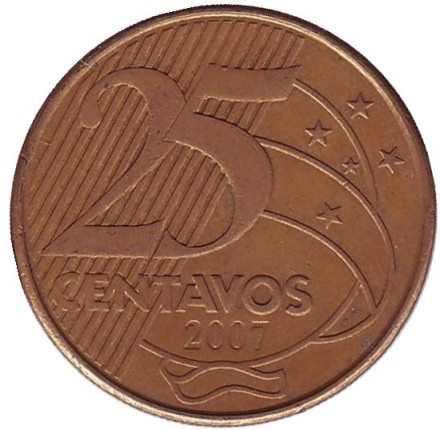 Монета 25 сентаво. 2007 год, Бразилия. Мануэл Деодору да Фонсека. Монета 25 сентаво. 2007 год, Бразилия. Мануэл Деодору да Фонсека.