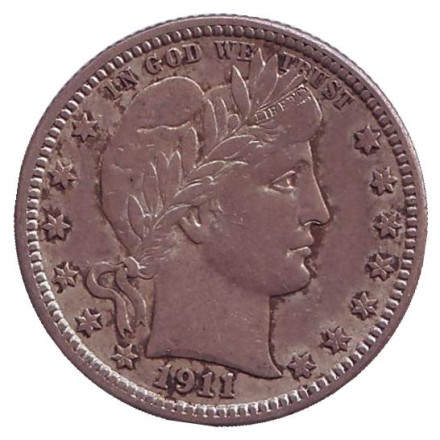 Монета 25 центов. 1911 год, США. (Без отметки монетного двора) "Четверть доллара Барбера". Монета 25 центов. 1911 год, США. (Без отметки монетного двора) "Четверть доллара Барбера".