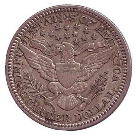 Монета 25 центов. 1911 год, США. (Без отметки монетного двора) "Четверть доллара Барбера".