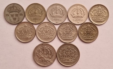 Подборка из 11-ти монет номиналами 10 и 25 эре. 1941-1962 гг., Швеция. Подборка из 11-ти монет номиналами 10 и 25 эре. 1941-1962 гг., Швеция.