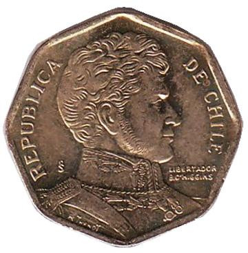 Монета 5 песо. 2006 год, Чили. Бернардо О’Хиггинс.
