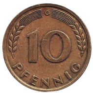 Монета 10 пфеннигов. 1949 год (G), ФРГ. Дубовые листья. Монета 10 пфеннигов. 1949 год (G), ФРГ. Дубовые листья.