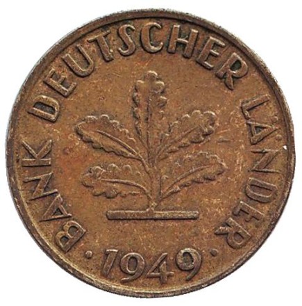 Монета 10 пфеннигов. 1949 год (G), ФРГ. Дубовые листья. Монета 10 пфеннигов. 1949 год (G), ФРГ. Дубовые листья.