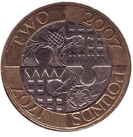 Монета 2 фунта. 2007 год, Великобритания. Трехсотлетие "Акта Объединения" Англии и Шотландии.