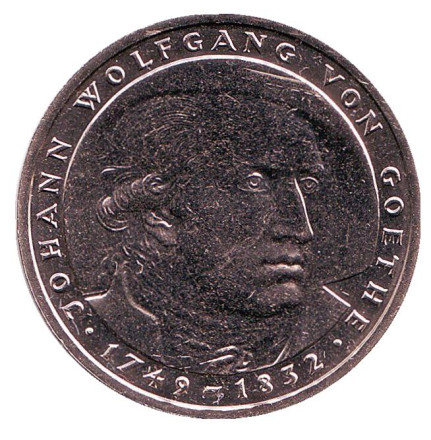 Монета 5 марок. 1982 год (D), ФРГ. UNC. 150 лет со дня смерти Иоганна Вольфганга фон Гёте.