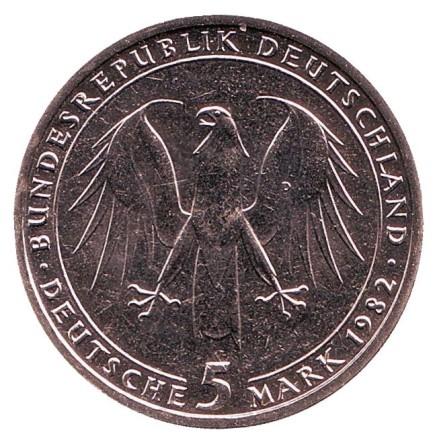 Монета 5 марок. 1982 год, ФРГ. 150 лет со дня смерти Иоганна Вольфганга фон Гёте. Монета 5 марок. 1982 год, ФРГ. 150 лет со дня смерти Иоганна Вольфганга фон Гёте.