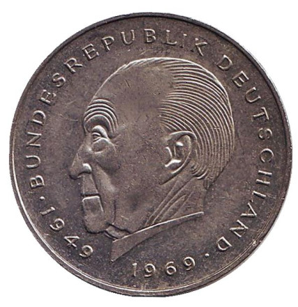 Монета 2 марки. 1982 год (G), ФРГ. Из обращения. Конрад Аденауэр.