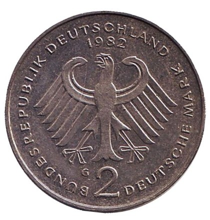 Монета 2 марки. 1982 год (G), ФРГ. Конрад Аденауэр. Монета 2 марки. 1982 год (G), ФРГ. Конрад Аденауэр.