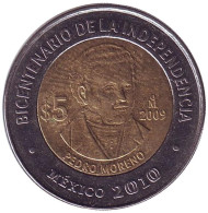 Монета 5 песо. 2009 год, Мексика. 200-летие независимости. Педро Морено.