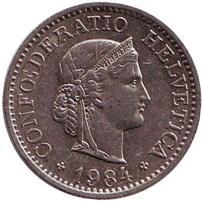 Монета 10 раппенов. 1984 год, Швейцария.