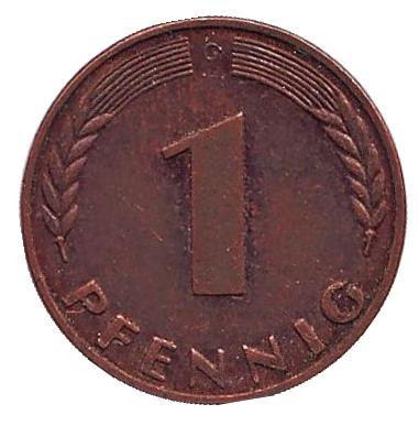 Монета 1 пфенниг. 1967 год (G), ФРГ. Дубовые листья.