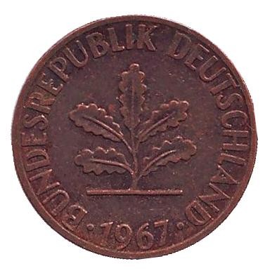 Монета 1 пфенниг. 1967 год (G), ФРГ. Дубовые листья.