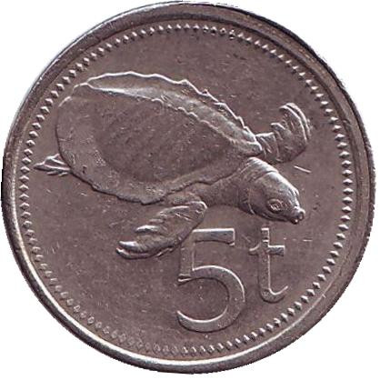 Монета 5 тойа, 1998 год, Папуа-Новая Гвинея. Свиноносая черепаха.
