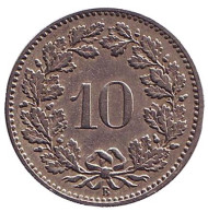 Монета 10 раппенов. 1899 год, Швейцария. Монета 10 раппенов. 1899 год, Швейцария.