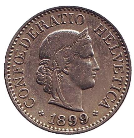 Монета 10 раппенов. 1899 год, Швейцария. Монета 10 раппенов. 1899 год, Швейцария.