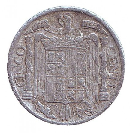 Монета 5 сентимо. 1945 год, Испания. Монета 5 сентимо. 1945 год, Испания.