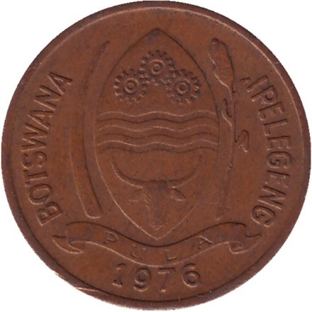 Монета 5 тхебе. 1976 год, Ботсвана. Птица-носорог.