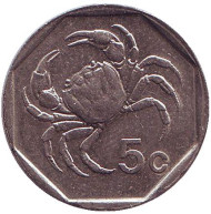Монета 5 центов. 1991 год. Мальта. Краб. Монета 5 центов. 1991 год. Мальта. Краб.