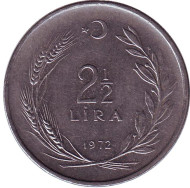 Монета 2,5 лиры. 1972 год, Турция. Монета 2,5 лиры. 1972 год, Турция.