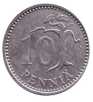 Монета 10 пенни. 1990 год, Финляндия. Старый тип (алюминий).