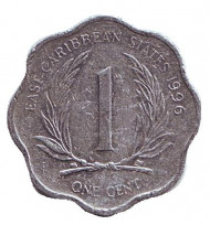 Монета 1 цент. 1996 год, Восточно-Карибские государства. Монета 1 цент. 1996 год, Восточно-Карибские государства.