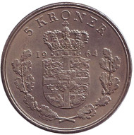 Монета 5 крон. 1964 год, Дания. Монета 5 крон. 1964 год, Дания.