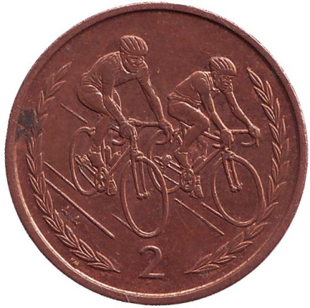 Монета 2 пенса. 1998 год, Остров Мэн. (Без отметки "Трискелион") Велоспорт.