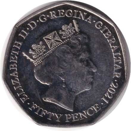 Монета 50 пенсов. 2021 год, Гибралтар. 10 лет свадьбе герцога и герцогини Кембриджских.