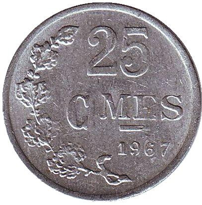 Монета 25 сантимов. 1967 год, Люксембург. 