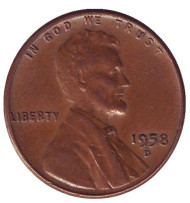 Монета 1 цент. 1958 год (D), США. Линкольн. Монета 1 цент. 1958 год (D), США. Линкольн.