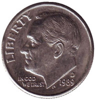 Монета 10 центов. 1989 (D) год, США. Рузвельт. Монета 10 центов. 1989 (D) год, США. Рузвельт.