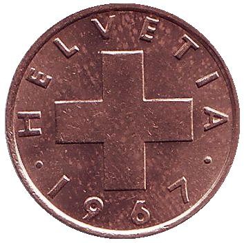 Монета 1 раппен. 1967 год, Швейцария. Из обращения. Монета 1 раппен. 1967 год, Швейцария. Из обращения.