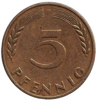 Монета 5 пфеннигов. 1950 год (F), ФРГ. Дубовые листья. Монета 5 пфеннигов. 1950 год (F), ФРГ. Дубовые листья.
