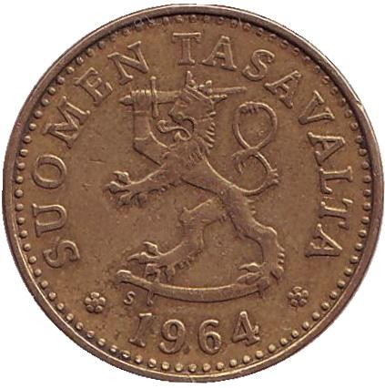 Монета 10 пенни. 1964 год, Финляндия.