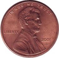 Монета 1 цент. 2001 год (D), США. Линкольн. Монета 1 цент. 2001 год (D), США. Линкольн.