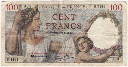 Банкнота 100 франков. 1940 год, Франция.