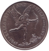 Монета 25 пенсов. 1972 год, Гернси. 25 лет свадьбе Королевы Елизаветы II и Принца Филиппа.