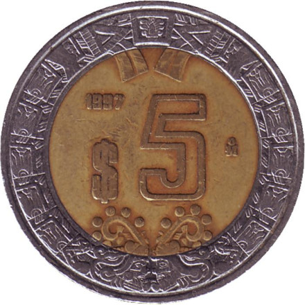 Монета 5 песо. 1997 год, Мексика.